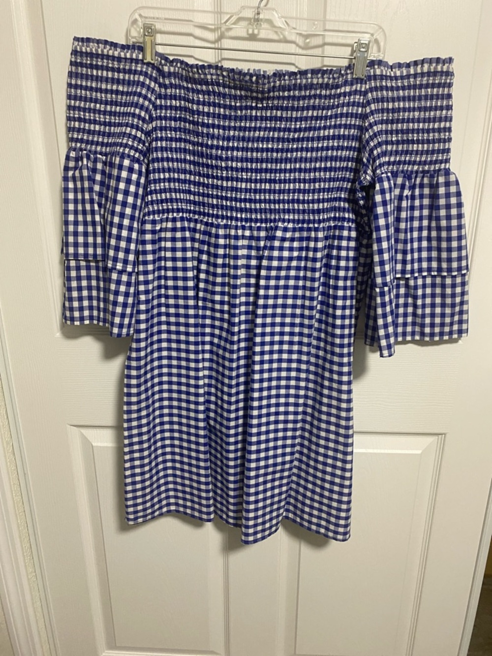 Blue Gingham Off-Shoulder Dress